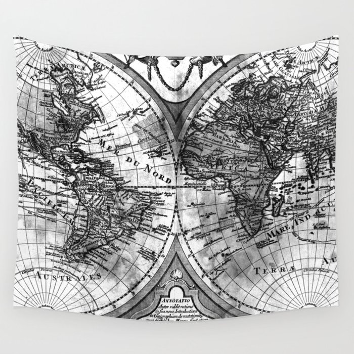 Black and White World Map (1775) Wall Tapestry