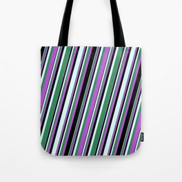 [ Thumbnail: Orchid, Black, Light Cyan, and Sea Green Colored Lined/Striped Pattern Tote Bag ]