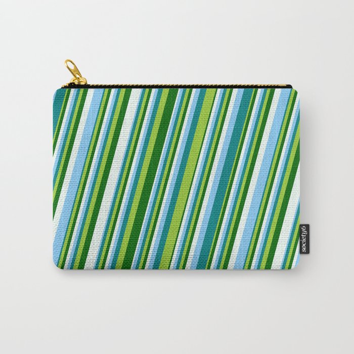 Light Sky Blue, Teal, Green, Dark Green, and Mint Cream Colored Striped Pattern Carry-All Pouch