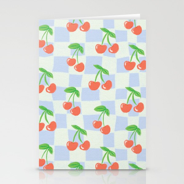 Hand-drawn Cherries on Hand-drawn Checkerboard \\ Canvas Texture \\ Stationery Cards