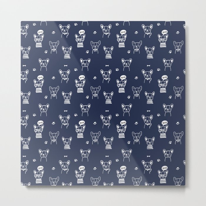 Navy Blue and White Hand Drawn Dog Puppy Pattern Metal Print