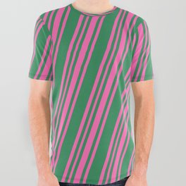 [ Thumbnail: Sea Green and Hot Pink Colored Lines/Stripes Pattern All Over Graphic Tee ]
