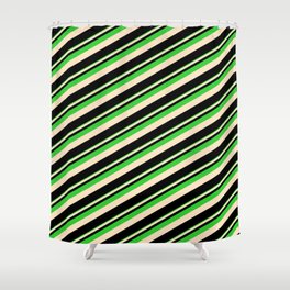 [ Thumbnail: Lime Green, Bisque & Black Colored Lines Pattern Shower Curtain ]
