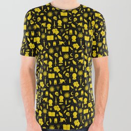 Small Bright Dayglo Yellow Halloween Motifs Skulls, Spells & Cats on Spooky Black  All Over Graphic Tee