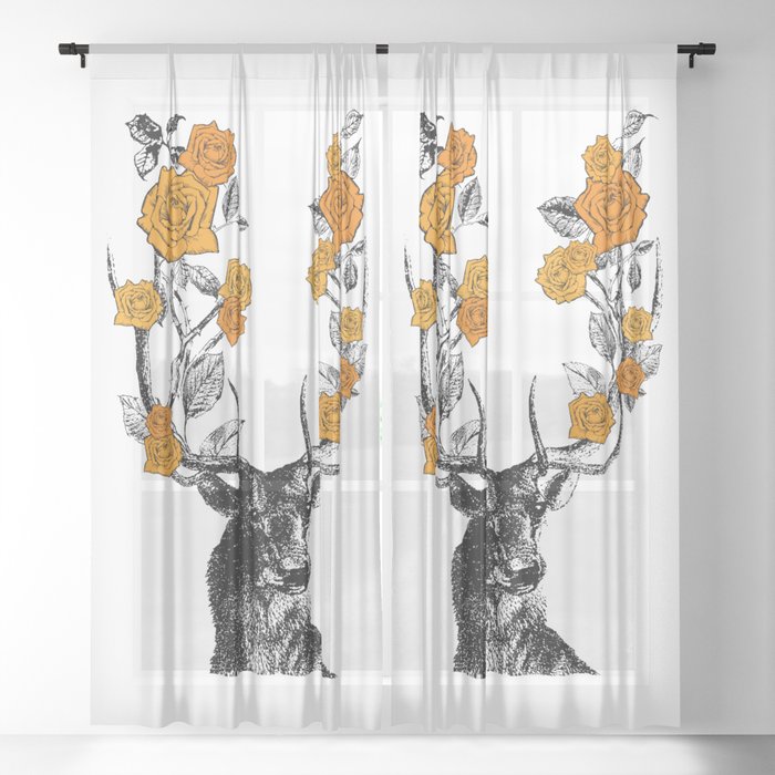The Stag and Roses | Deer and Flowers | Orange | Vintage Stag | Vintage Deer | Antlers | Woodland | Sheer Curtain