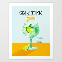 Minimal Gin Tonic cocktail illustration - Aqua Orange Art Print