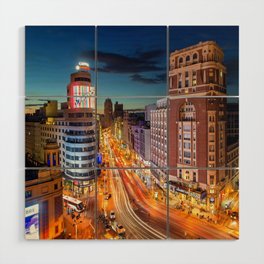 Spain Photography - Downtown Madrid Lit Up In The Night Wood Wall Art