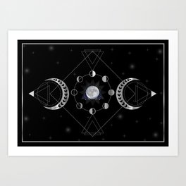 Triple Goddess silver moon phases with witch hands	 Art Print