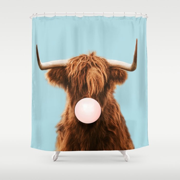 Bubble gum highland cattle in blue Shower Curtain