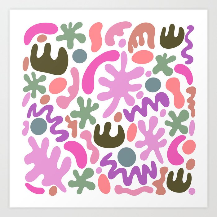 Squiggly Summer Leaves - Pink Green Coral Art Print