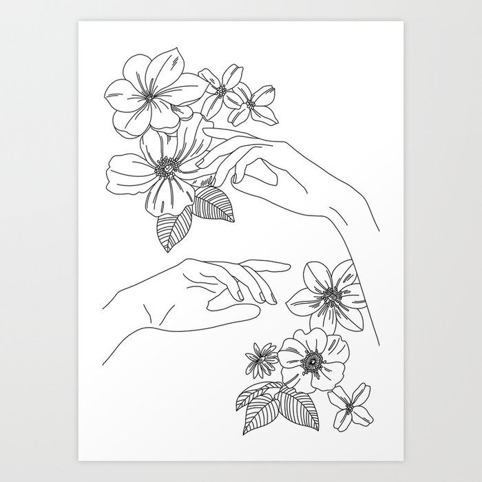 Hands And Flowers Line Drawing Illustration Isabel Art Print By