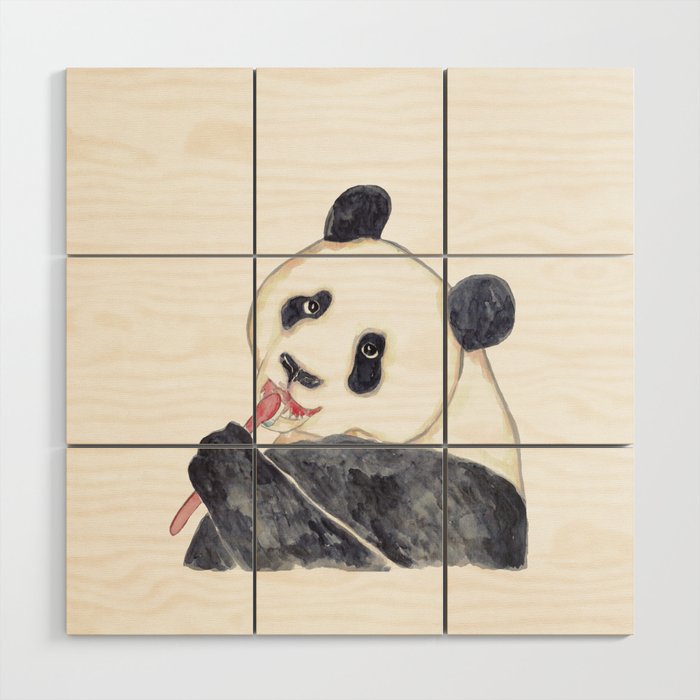Panda bear brushing teeth bath watercolor Wood Wall Art
