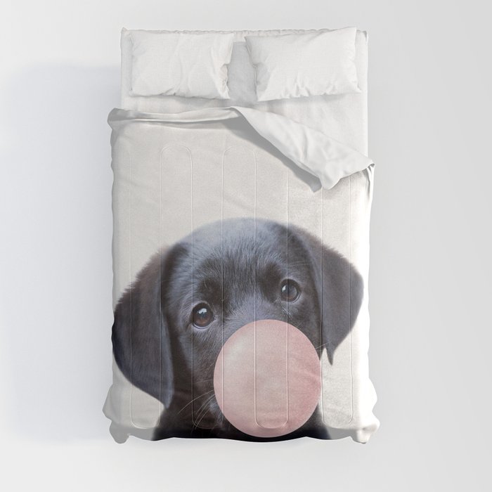 Retriever Puppy, Black Labrador Blowing Pink Bubble Gum, Baby Animals Art Print by Synplus Comforter