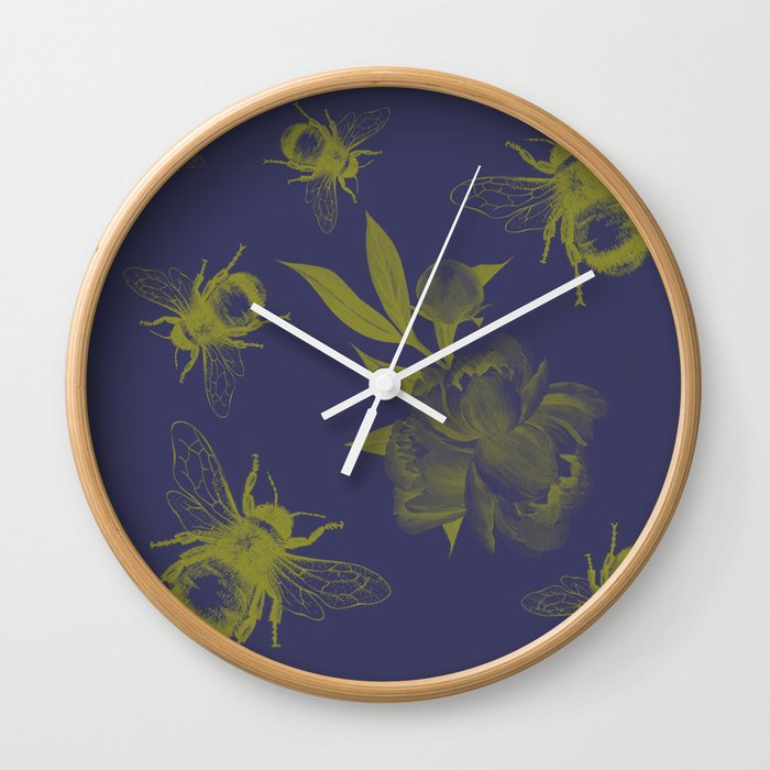 Floral Bumble Bee Print Blue & Yellow Wall Clock