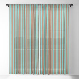 [ Thumbnail: Sienna & Turquoise Colored Striped/Lined Pattern Sheer Curtain ]