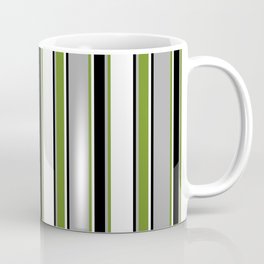 [ Thumbnail: Dark Gray, Green, White & Black Colored Lines/Stripes Pattern Coffee Mug ]