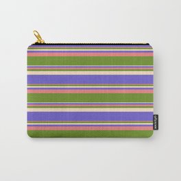 [ Thumbnail: Light Coral, Green, Bisque & Slate Blue Colored Striped/Lined Pattern Carry-All Pouch ]