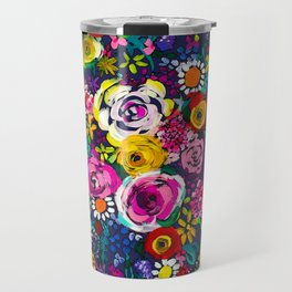 Les Fleurs Colorful Painted Floral in Navy Travel Mug