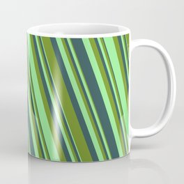 [ Thumbnail: Dark Slate Gray, Green & Light Green Colored Lined/Striped Pattern Coffee Mug ]