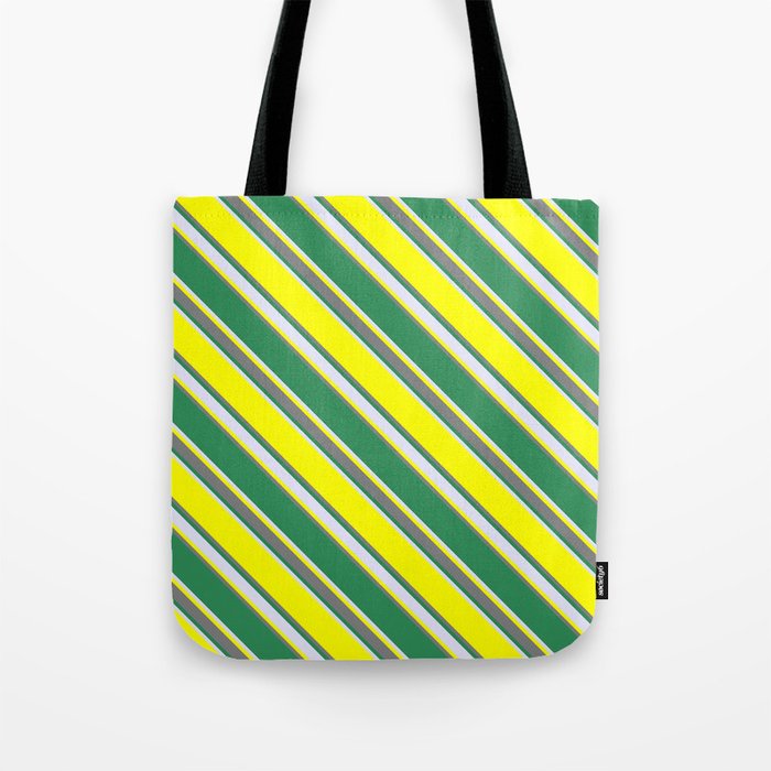 Yellow, Gray, Sea Green, and Lavender Colored Striped Pattern Tote Bag