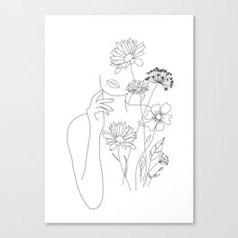 Minimal Line Art Woman with Flowers III Canvas Print