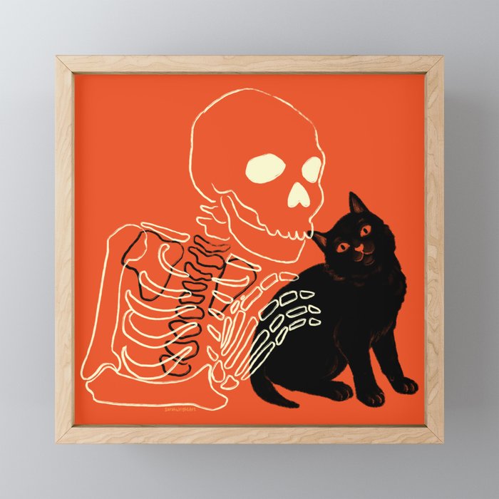 Skeleton and Cat Framed Mini Art Print