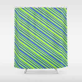 [ Thumbnail: Light Green & Royal Blue Colored Lines/Stripes Pattern Shower Curtain ]