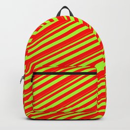 [ Thumbnail: Light Green and Red Colored Stripes Pattern Backpack ]