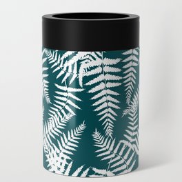 Teal Blue And White Fern Leaf Pattern Can Cooler