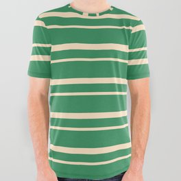 [ Thumbnail: Sea Green and Bisque Colored Lined Pattern All Over Graphic Tee ]