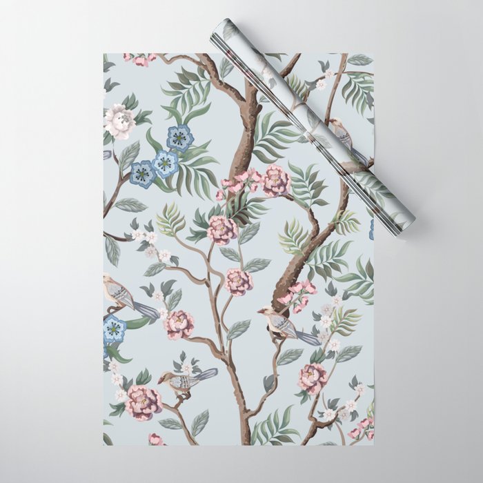Seamless pattern in chinoiserie style with peonies trees and birds. Vintage,  Wrapping Paper