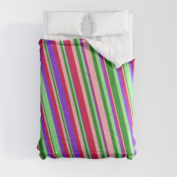 Eye-catching Light Pink, Crimson, Purple, Light Green, and Forest Green Colored Stripes Pattern Comforter