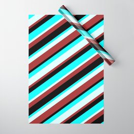 [ Thumbnail: Aqua, Light Cyan, Brown & Black Colored Lined Pattern Wrapping Paper ]