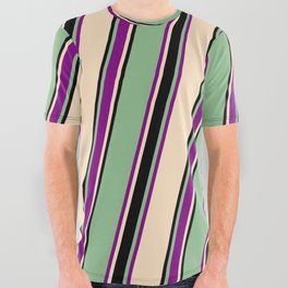 [ Thumbnail: Dark Sea Green, Purple, Bisque, and Black Colored Lines Pattern All Over Graphic Tee ]