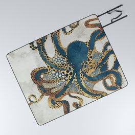 Underwater Dream VI Picnic Blanket | Nature, Abstract, Animal, Copper, Digital, Blue, Watercolor, Gold, Ocean, Octopus 