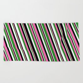 [ Thumbnail: Hot Pink, Forest Green, Mint Cream & Black Colored Stripes Pattern Beach Towel ]