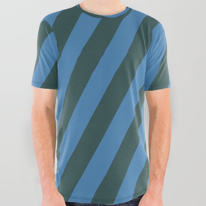 Dark Slate Gray and Blue Colored Striped/Lined Pattern All Over Graphic Tee