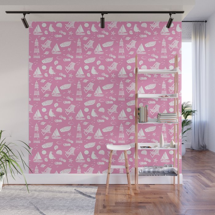 Pink And White Summer Beach Elements Pattern Wall Mural