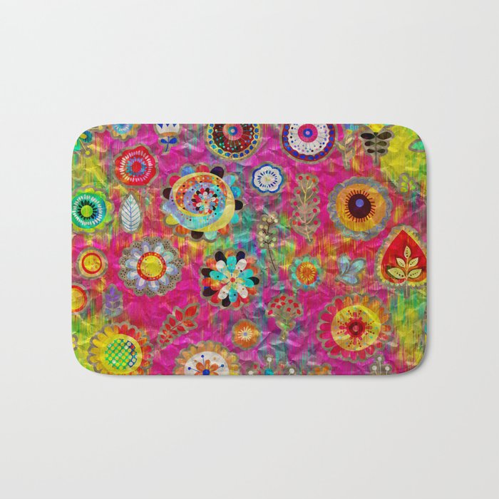 Boho Flowers Abstract Mixed Media Digital Art Collage Bath Mat By