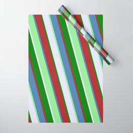 [ Thumbnail: Blue, Light Green, Lavender, Green, and Red Colored Lines/Stripes Pattern Wrapping Paper ]