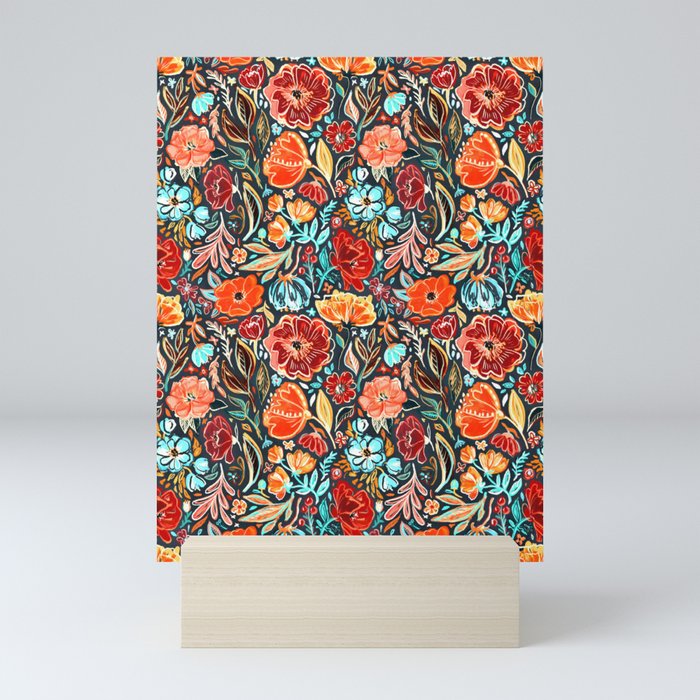 Bright Red and Cyan Scruffy Small Scale Floral Mini Art Print