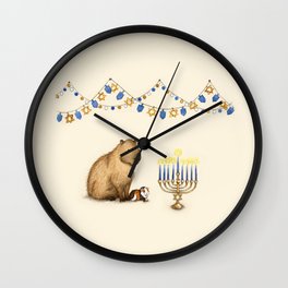 Capy Hanukkah - Capybara and Menorah Wall Clock | Curated, Chanukahcard, Hanukkahdecoration, Happyhanukkah, Capybaraart, Starofdavid, Yarmulke, Illustration, Hanukkah, Chanukah 