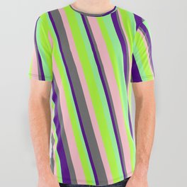 [ Thumbnail: Light Green, Pink, Dim Grey, Indigo & Green Colored Pattern of Stripes All Over Graphic Tee ]