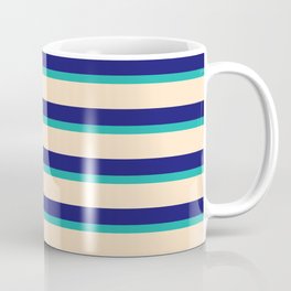 [ Thumbnail: Light Sea Green, Bisque, and Midnight Blue Colored Striped Pattern Coffee Mug ]
