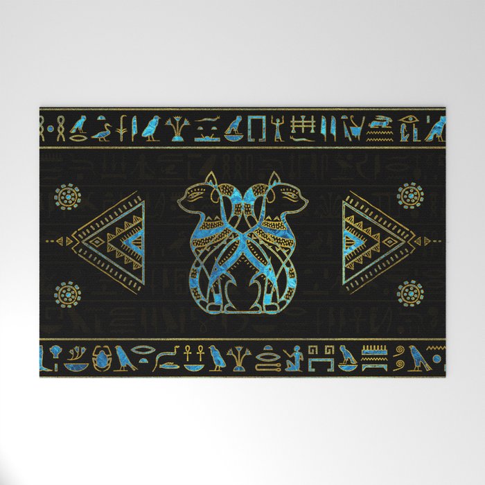Egyptian Cats Gold and blue stained glass Welcome Mat
