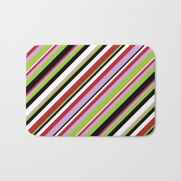 [ Thumbnail: Red, Plum, Green, Black & White Colored Lines Pattern Bath Mat ]