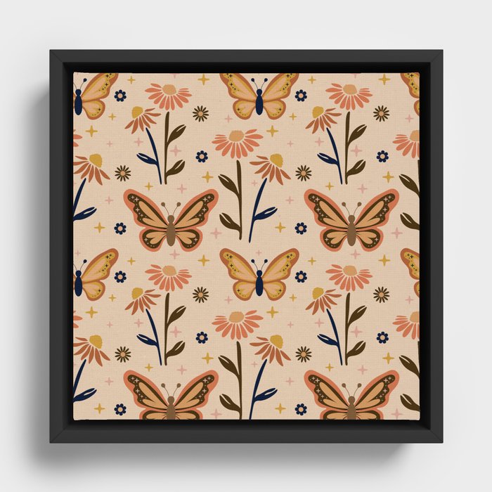 Retro Butterflies pattern - Daisy field Framed Canvas