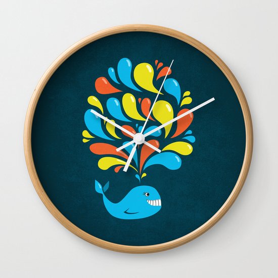 Dark Colorful Happy Cartoon Whale Wall Clock