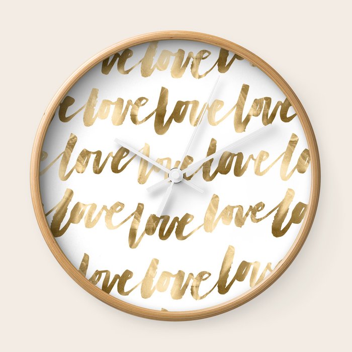 Gold Love Quote Pattern Typography Script 2 Wall Clock By Naturemagick