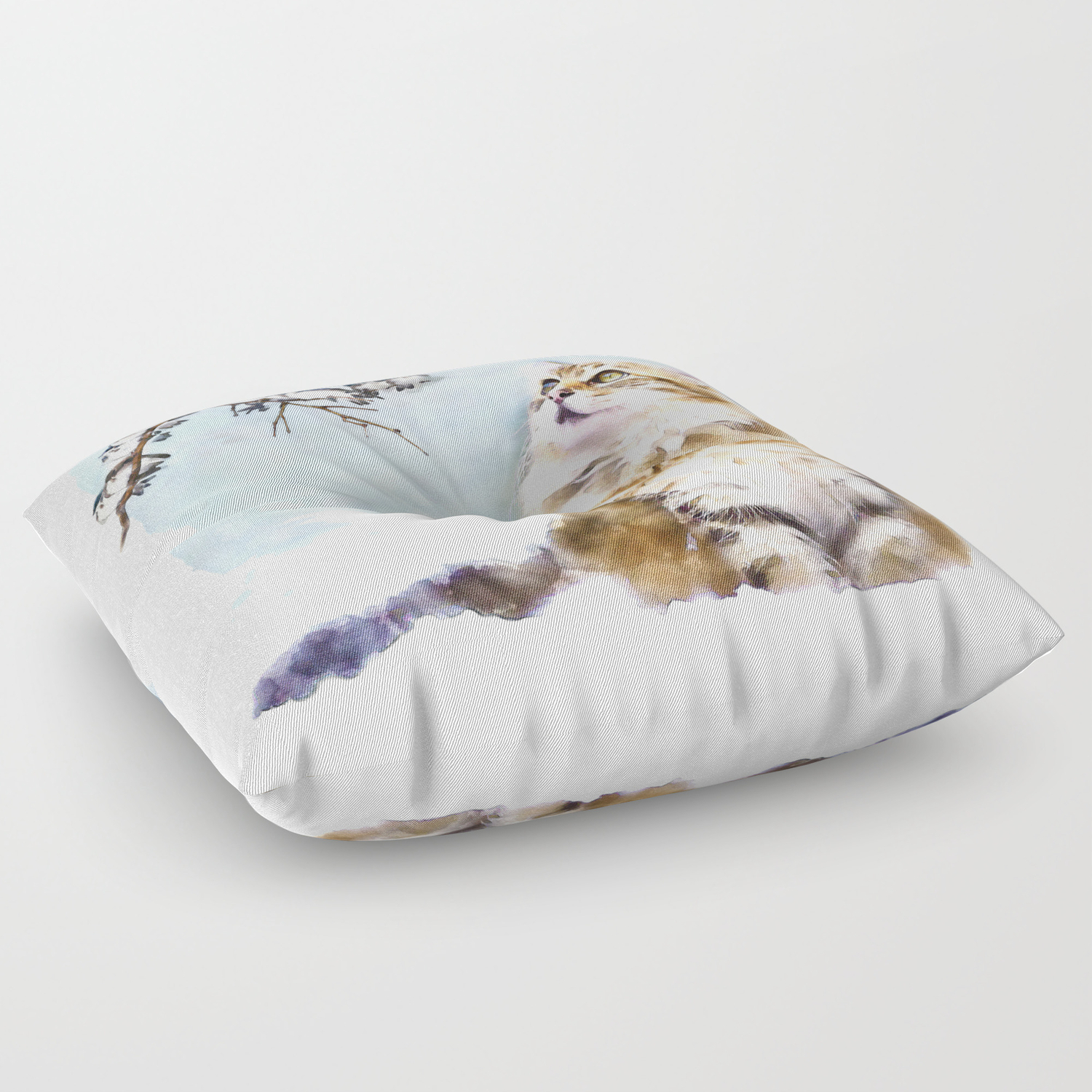 Cute Cat On The Lurk Watercolor Painting Floor Pillow By